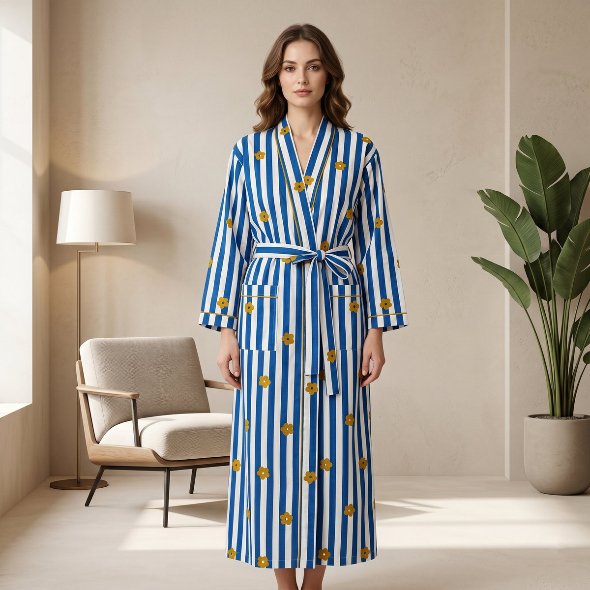 Royal Blue Striped Cotton Kimono | Mustard Floral Motif Block Print Bathrobe & Nightwear