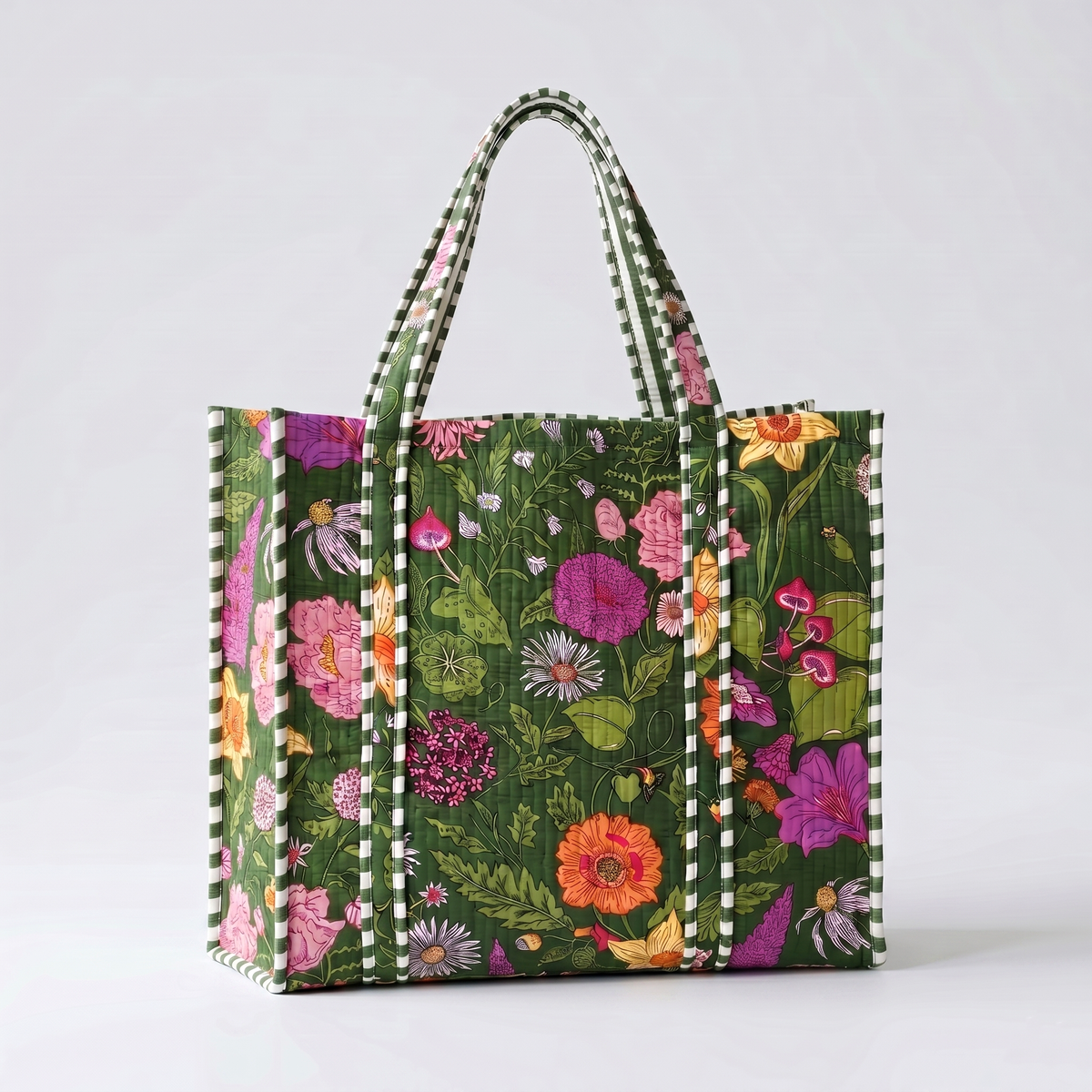 Handmade Cream Wildflower Meadow Block Print Quilted Cotton Tote Bag, Indian Boho Shoulder Bag, Floral Garden Travel Beach Bag