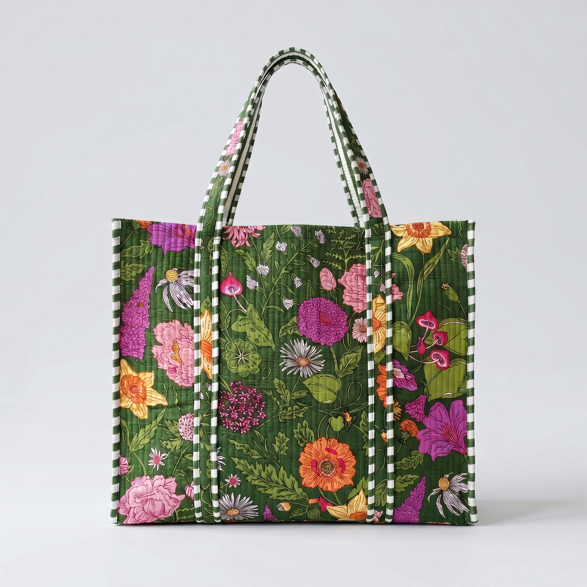 Handmade Cream Wildflower Meadow Block Print Quilted Cotton Tote Bag, Indian Boho Shoulder Bag, Floral Garden Travel Beach Bag