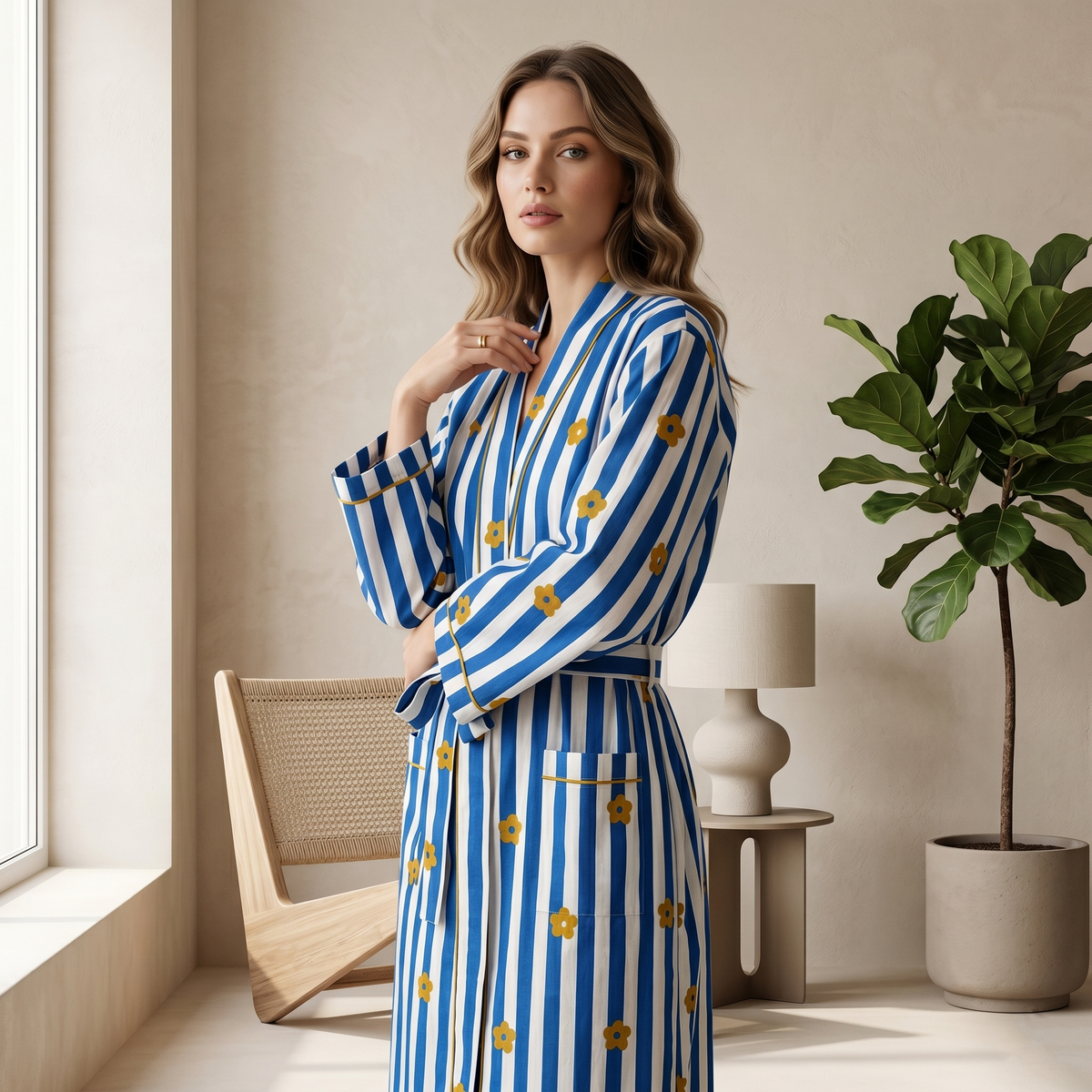 Royal Blue Striped Cotton Kimono | Mustard Floral Motif Block Print Bathrobe & Nightwear