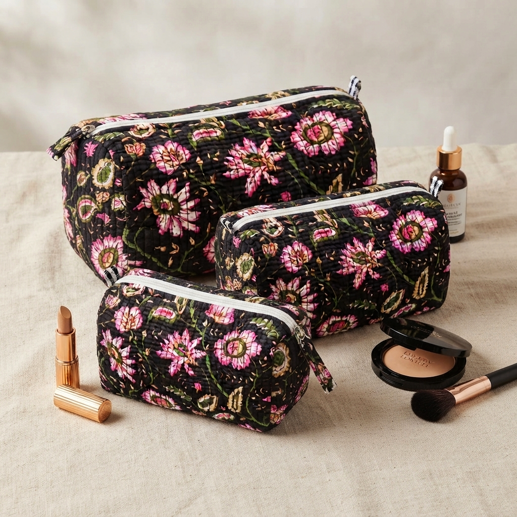 Set Of 3 Makeup Bag, Midnight Blossom Floral Block Print Cotton Travel Case, Quilted Cosmetic Storage Bag Set