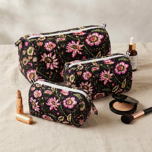 Set Of 3 Makeup Bag, Midnight Blossom Floral Block Print Cotton Travel Case, Quilted Cosmetic Storage Bag Set