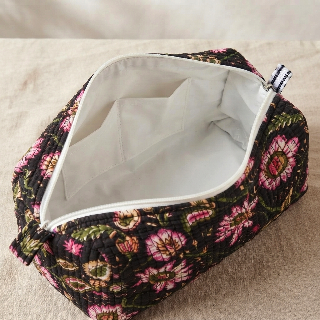 Set Of 3 Makeup Bag, Midnight Blossom Floral Block Print Cotton Travel Case, Quilted Cosmetic Storage Bag Set
