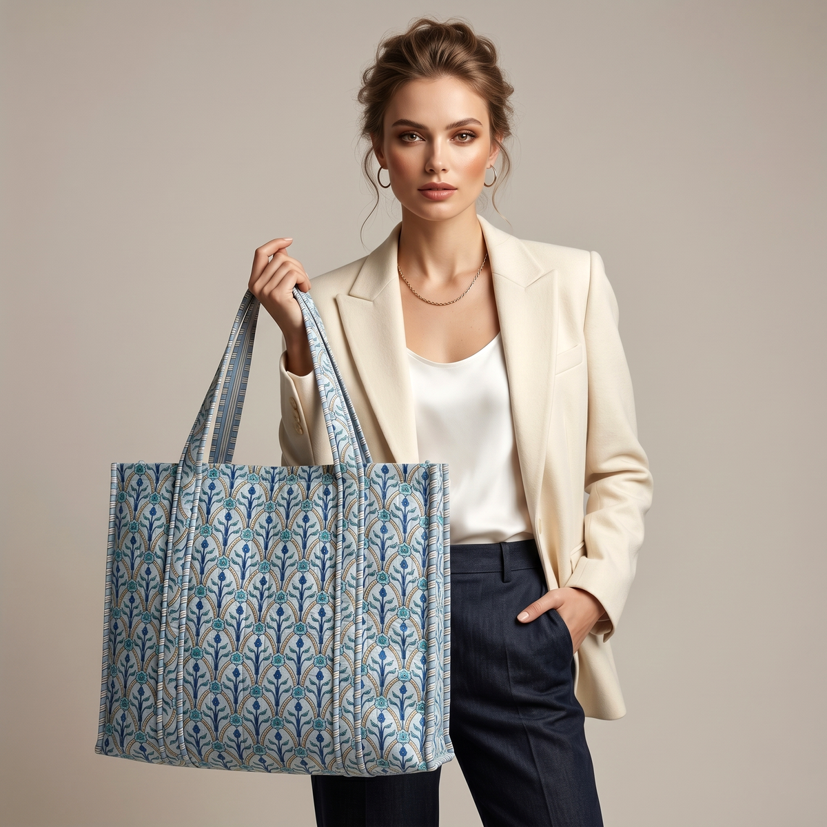 Handmade Light Blue Arch Lattice Quilted Cotton Tote Bag, Indian Block Print Geometric Boho Shoulder Bag, Minimalist Travel Beach Bag