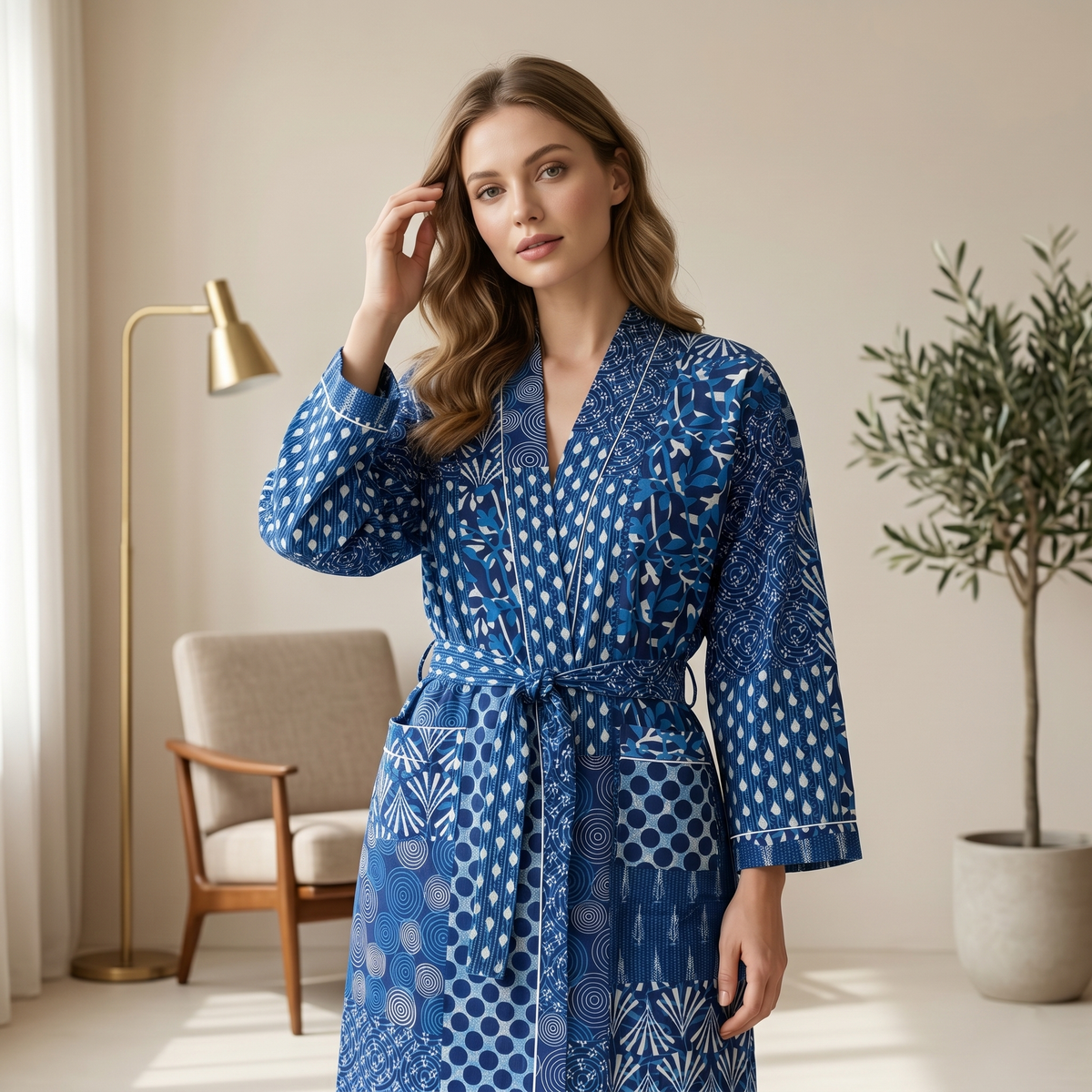 Indigo Blue Patchwork Print Cotton Kimono | Geometric Block Pattern Spa Robe & Lounge Wrap