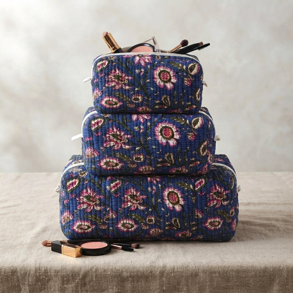 Set Of 3 Makeup Bag, Neel Garden Floral Block Print Cotton Travel Case, Quilted Cosmetic Storage Bag Set