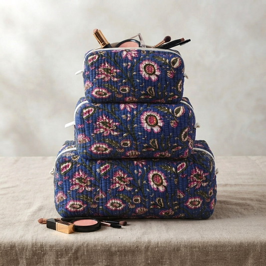 Set Of 3 Makeup Bag, Neel Garden Floral Block Print Cotton Travel Case, Quilted Cosmetic Storage Bag Set