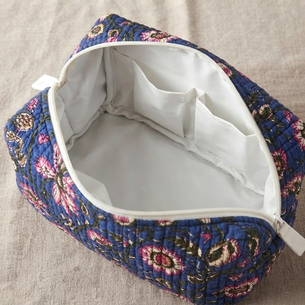 Set Of 3 Makeup Bag, Neel Garden Floral Block Print Cotton Travel Case, Quilted Cosmetic Storage Bag Set