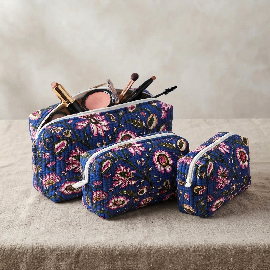 Set Of 3 Makeup Bag, Neel Garden Floral Block Print Cotton Travel Case, Quilted Cosmetic Storage Bag Set