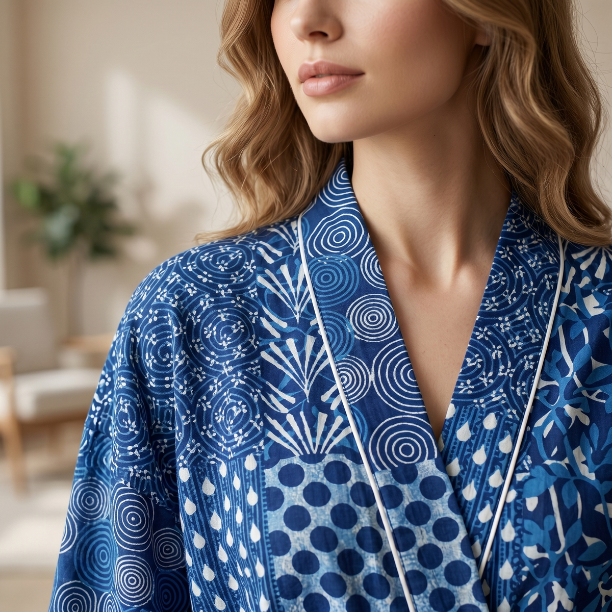 Indigo Blue Patchwork Print Cotton Kimono | Geometric Block Pattern Spa Robe & Lounge Wrap