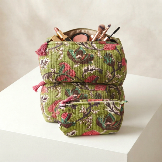 Set Of 3 Makeup Bag, Olive Blossom Floral Block Print Cotton Travel Case, Quilted Cosmetic Storage Bag Set
