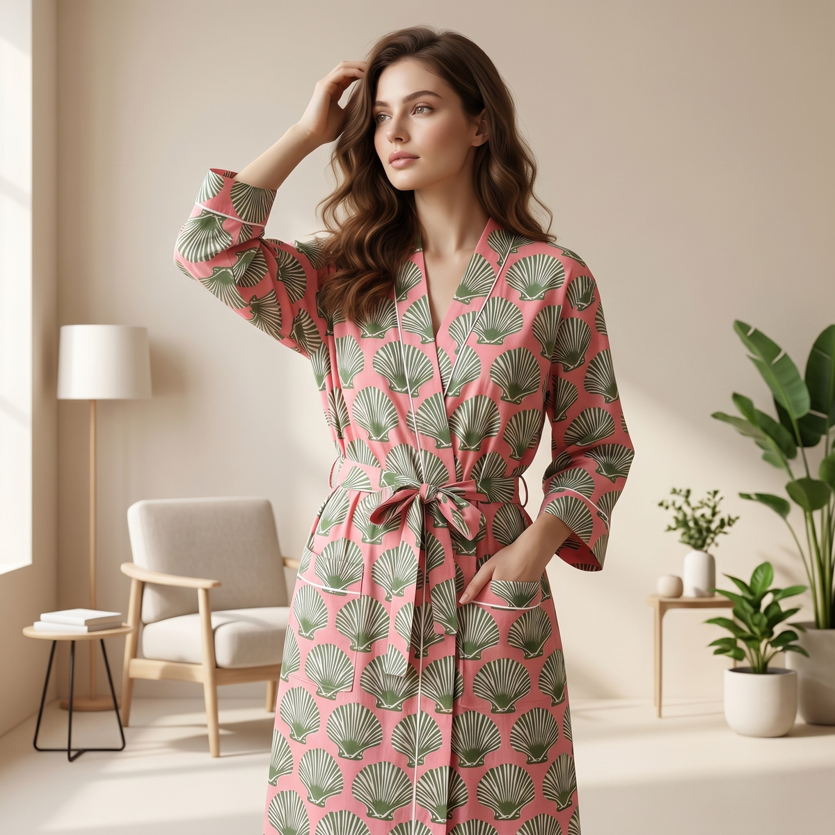 Mustard Yellow & Pink Seashell Print Cotton Kimono | Coastal Motif Nightwear & Lounge Dress
