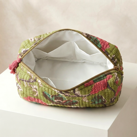 Set Of 3 Makeup Bag, Olive Blossom Floral Block Print Cotton Travel Case, Quilted Cosmetic Storage Bag Set
