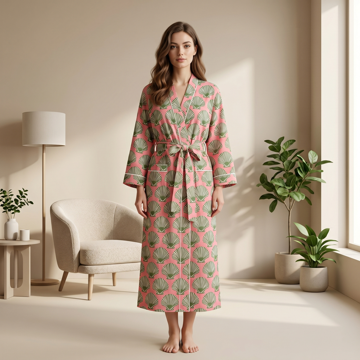 Mustard Yellow & Pink Seashell Print Cotton Kimono | Coastal Motif Nightwear & Lounge Dress