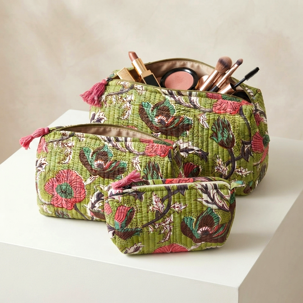 Set Of 3 Makeup Bag, Olive Blossom Floral Block Print Cotton Travel Case, Quilted Cosmetic Storage Bag Set
