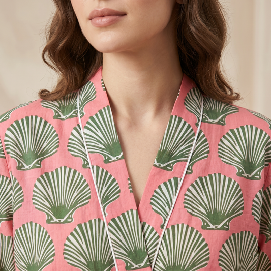 Rose Pink Cotton Kimono Bathrobe | Sage Green Seashell Print Beach Resort Lounge Robe