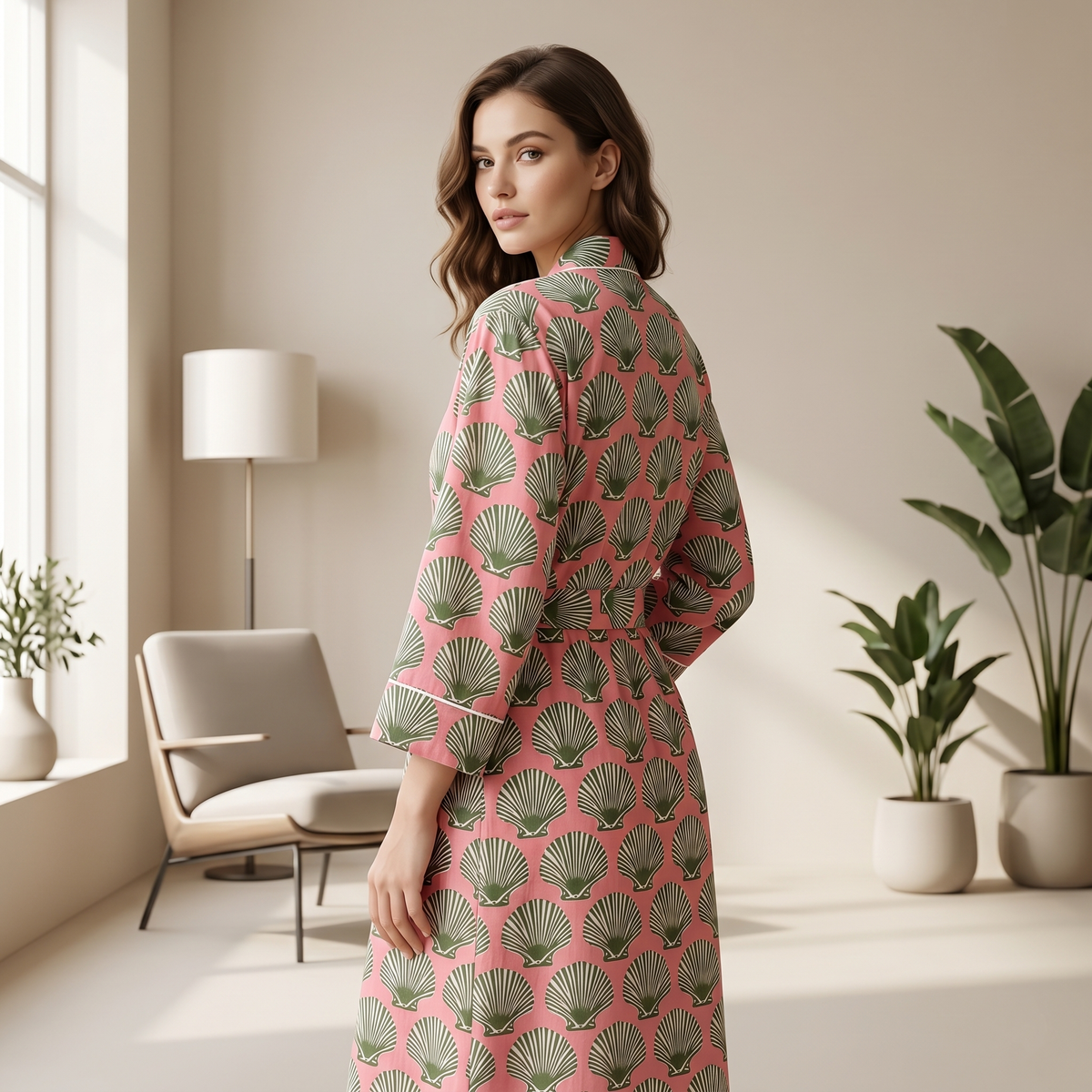 Mustard Yellow & Pink Seashell Print Cotton Kimono | Coastal Motif Nightwear & Lounge Dress