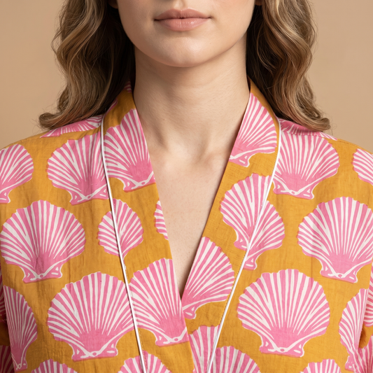 Mustard Yellow & Pink Seashell Print Cotton Kimono | Coastal Motif Nightwear & Lounge Dress