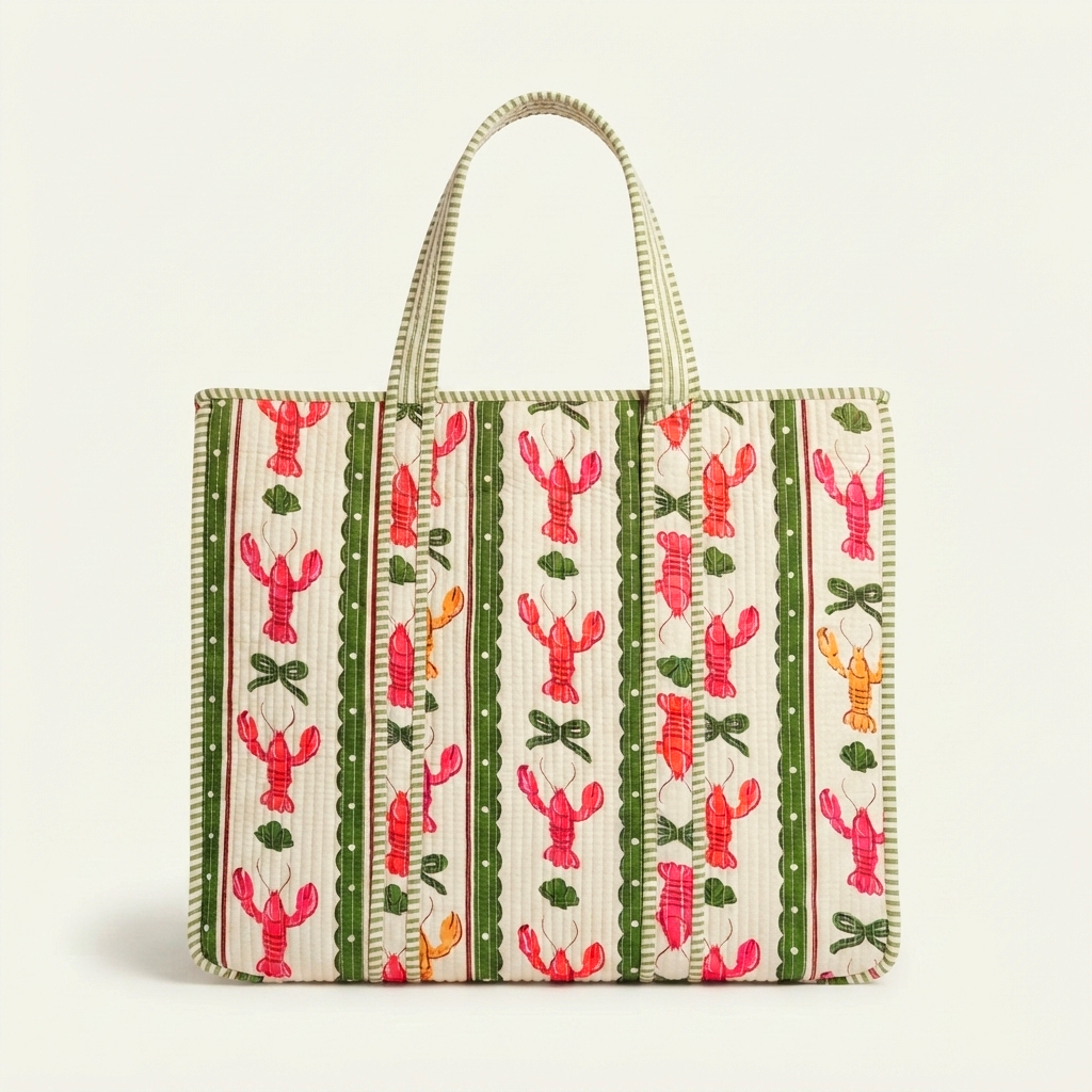 Handmade Red Lobster Print Quilted Cotton Tote Bag, Indian Block Print Coastal Boho Shoulder Bag, Nautical Travel Beach Bag