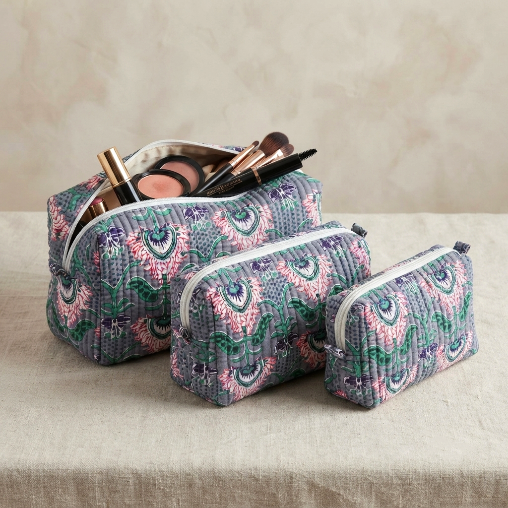 Set Of 3 Makeup Bag, Slate Blossom Floral Block Print Cotton Travel Case, Quilted Cosmetic Storage Bag Set