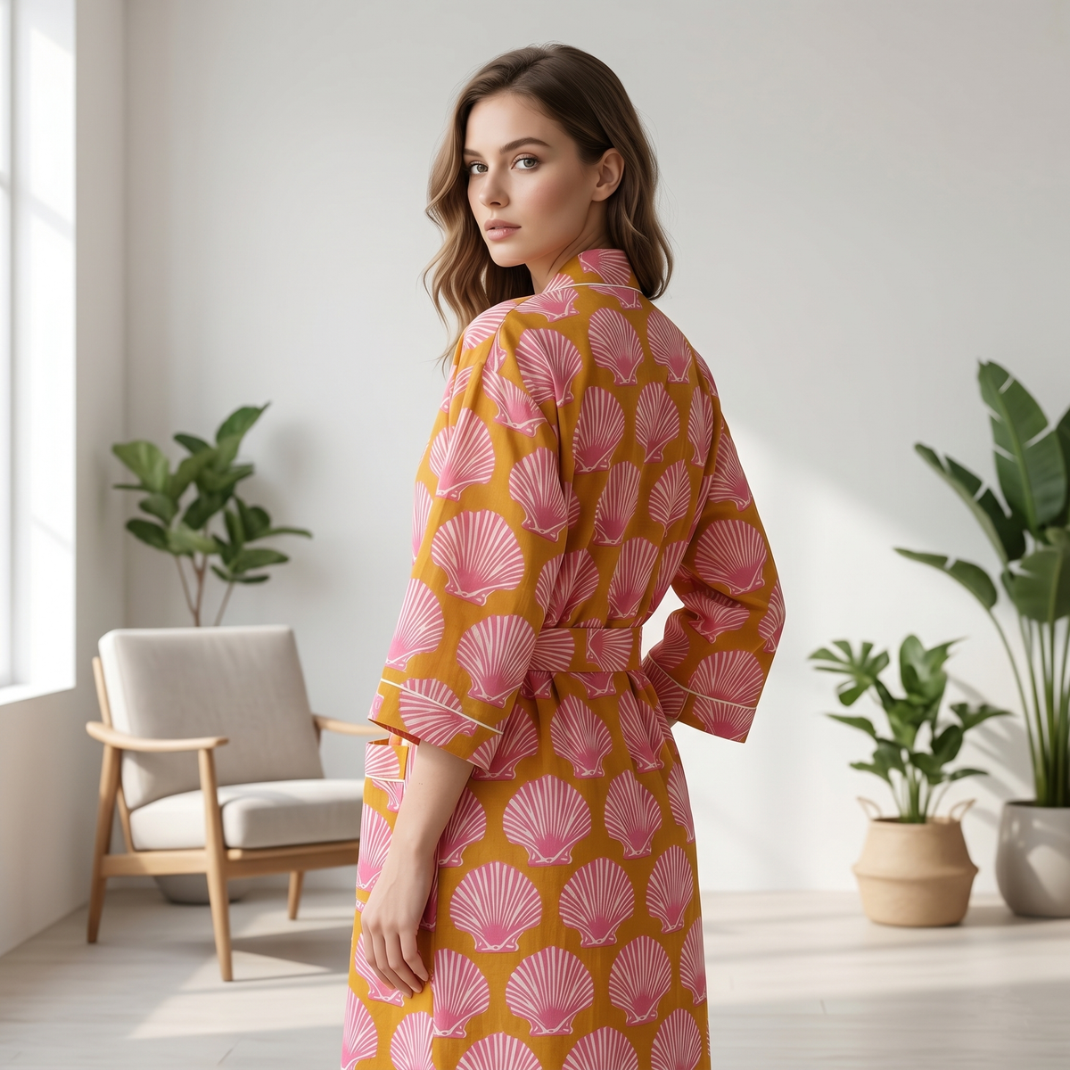 Mustard Yellow & Pink Seashell Print Cotton Kimono | Coastal Motif Nightwear & Lounge Dress