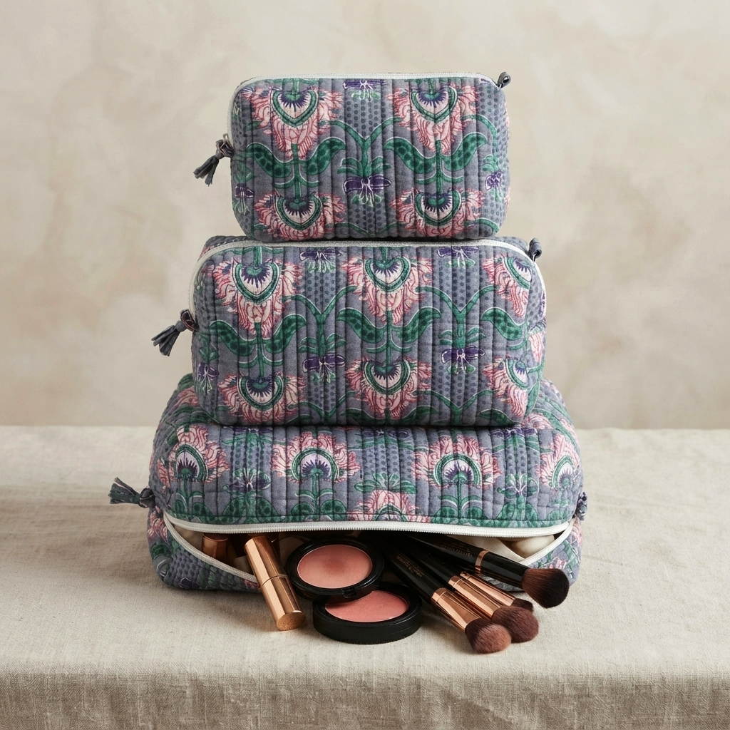 Set Of 3 Makeup Bag, Slate Blossom Floral Block Print Cotton Travel Case, Quilted Cosmetic Storage Bag Set