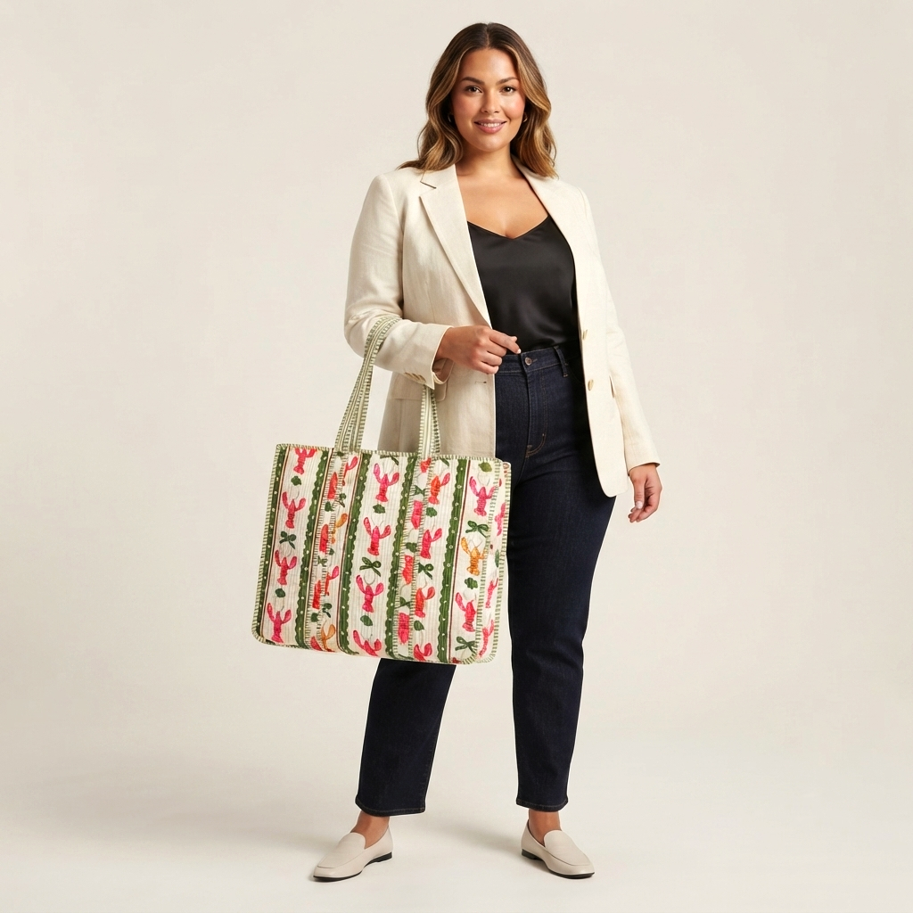 Handmade Red Lobster Print Quilted Cotton Tote Bag, Indian Block Print Coastal Boho Shoulder Bag, Nautical Travel Beach Bag