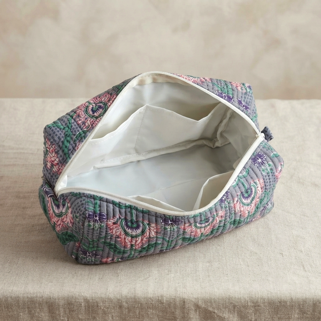 Set Of 3 Makeup Bag, Slate Blossom Floral Block Print Cotton Travel Case, Quilted Cosmetic Storage Bag Set