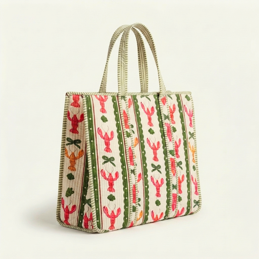 Handmade Red Lobster Print Quilted Cotton Tote Bag, Indian Block Print Coastal Boho Shoulder Bag, Nautical Travel Beach Bag