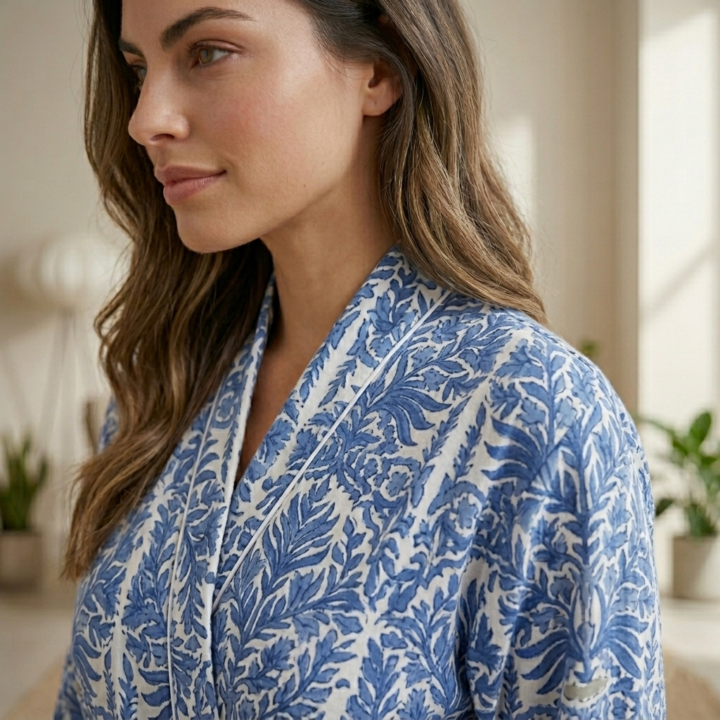 Periwinkle Blue Cotton Kimono Bathrobe | Vintage Floral Damask Motif Spa & Lounge Wrap