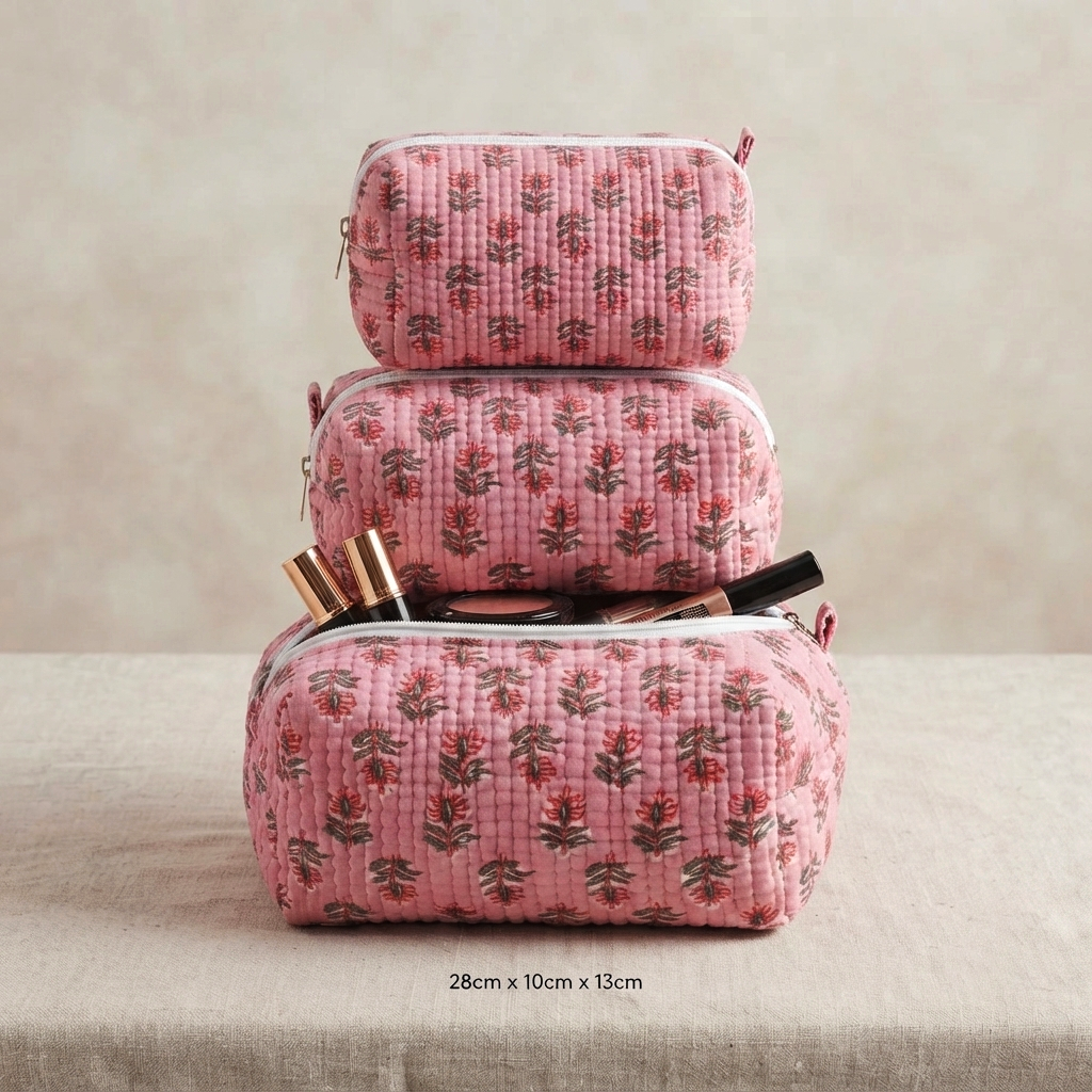 Set Of 3 Makeup Bag, Rose Bud Floral Block Print Cotton Travel Case, Quilted Cosmetic Storage Bag Set