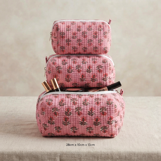 Set Of 3 Makeup Bag, Rose Bud Floral Block Print Cotton Travel Case, Quilted Cosmetic Storage Bag Set