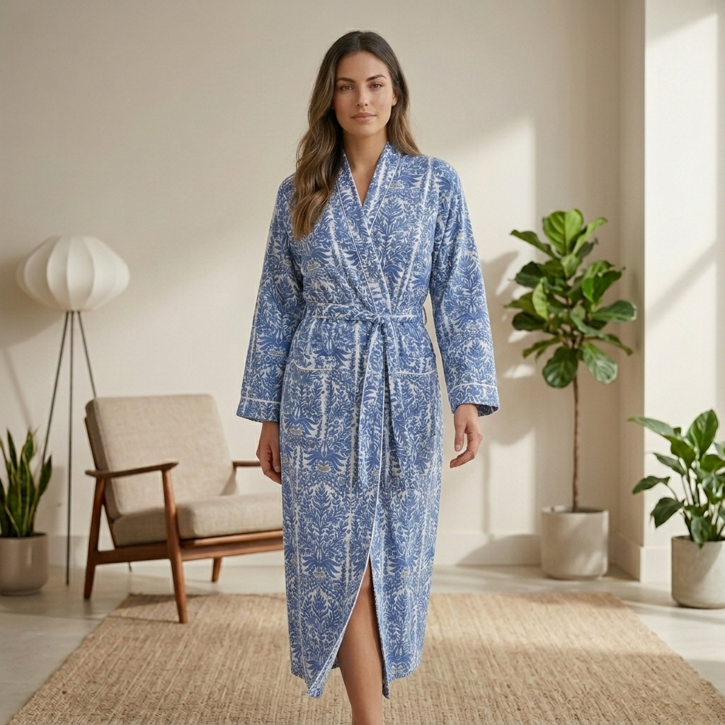 Periwinkle Blue Cotton Kimono Bathrobe | Vintage Floral Damask Motif Spa & Lounge Wrap