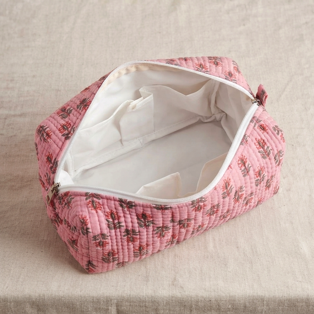 Set Of 3 Makeup Bag, Rose Bud Floral Block Print Cotton Travel Case, Quilted Cosmetic Storage Bag Set