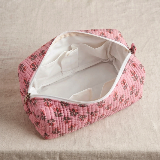 Set Of 3 Makeup Bag, Rose Bud Floral Block Print Cotton Travel Case, Quilted Cosmetic Storage Bag Set