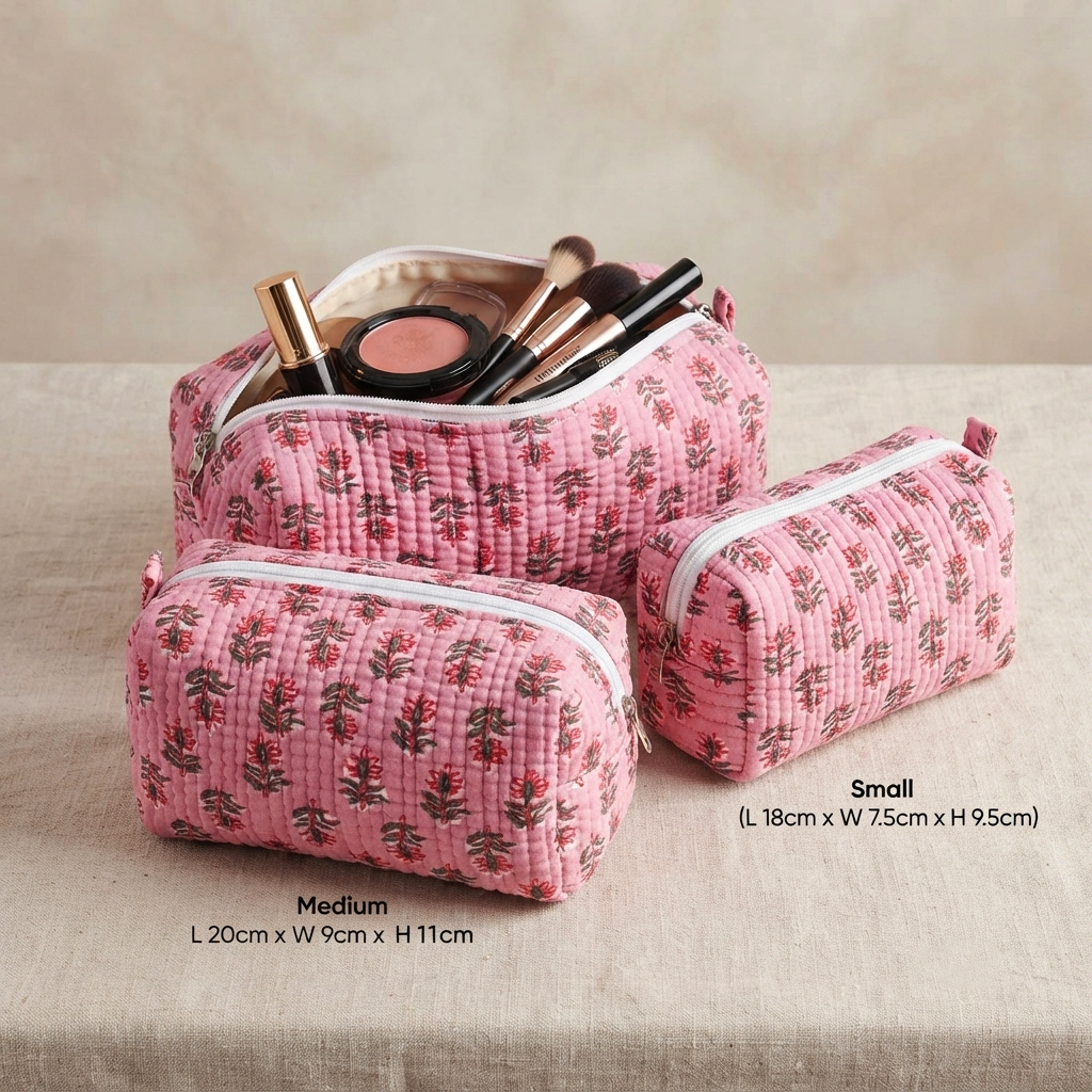 Set Of 3 Makeup Bag, Rose Bud Floral Block Print Cotton Travel Case, Quilted Cosmetic Storage Bag Set