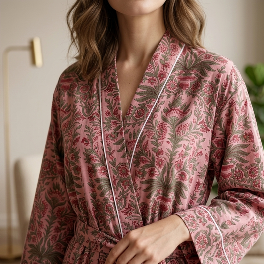 Dusty Rose Cotton Kimono Bathrobe | Olive Green Botanical Floral Motif Lounge & Spa Dress