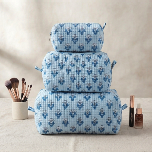 Set Of 3 Makeup Bag, Azure Floral Block Print Cotton Travel Case, Quilted Cosmetic Storage Bag Set