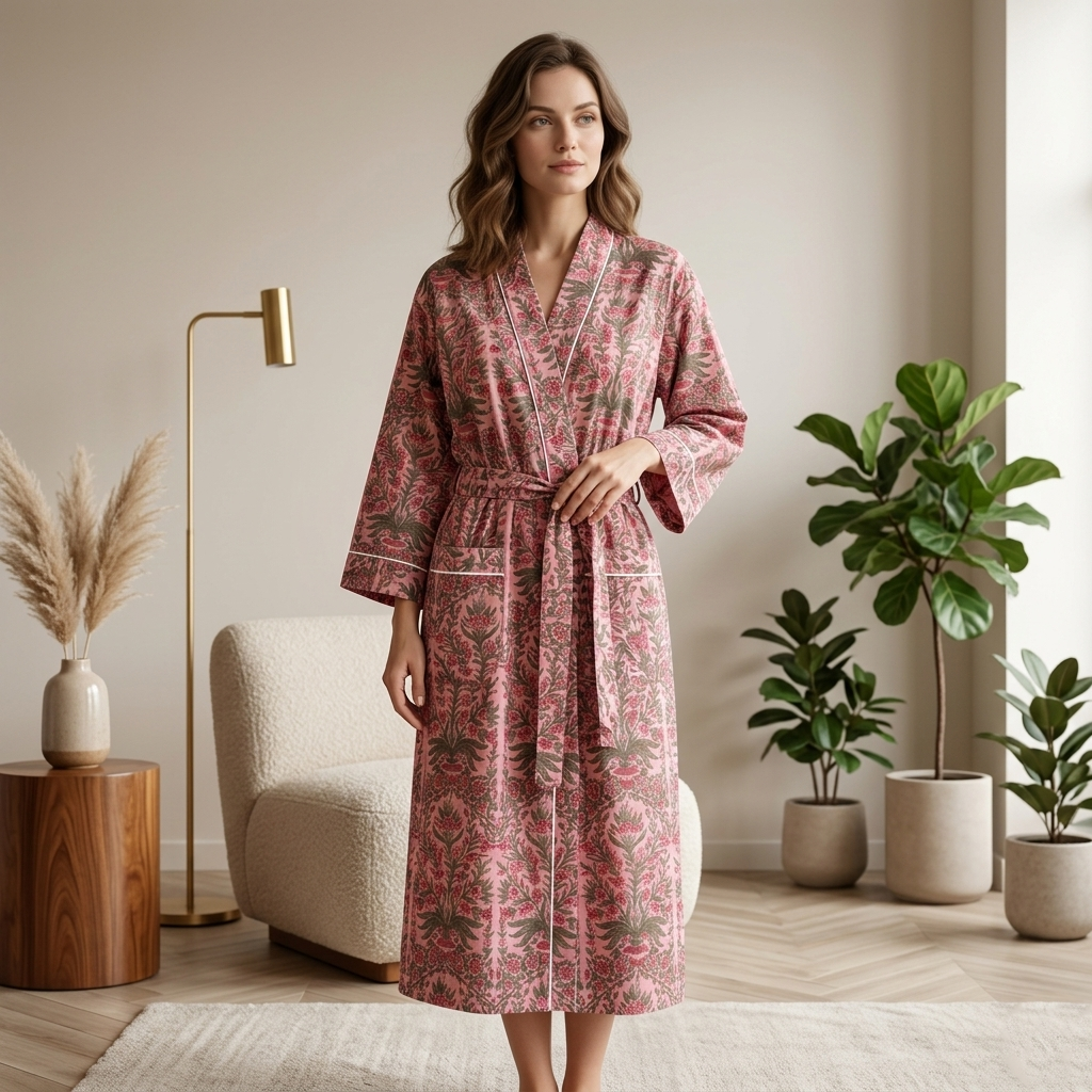 Dusty Rose Cotton Kimono Bathrobe | Olive Green Botanical Floral Motif Lounge & Spa Dress