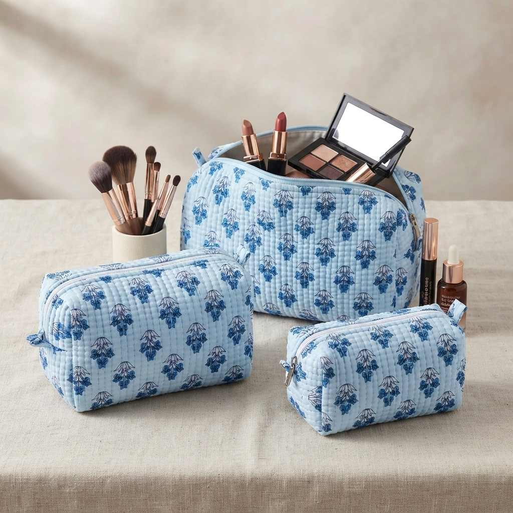 Set Of 3 Makeup Bag, Azure Floral Block Print Cotton Travel Case, Quilted Cosmetic Storage Bag Set