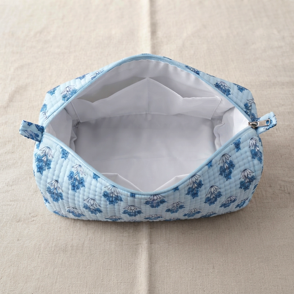 Set Of 3 Makeup Bag, Azure Floral Block Print Cotton Travel Case, Quilted Cosmetic Storage Bag Set
