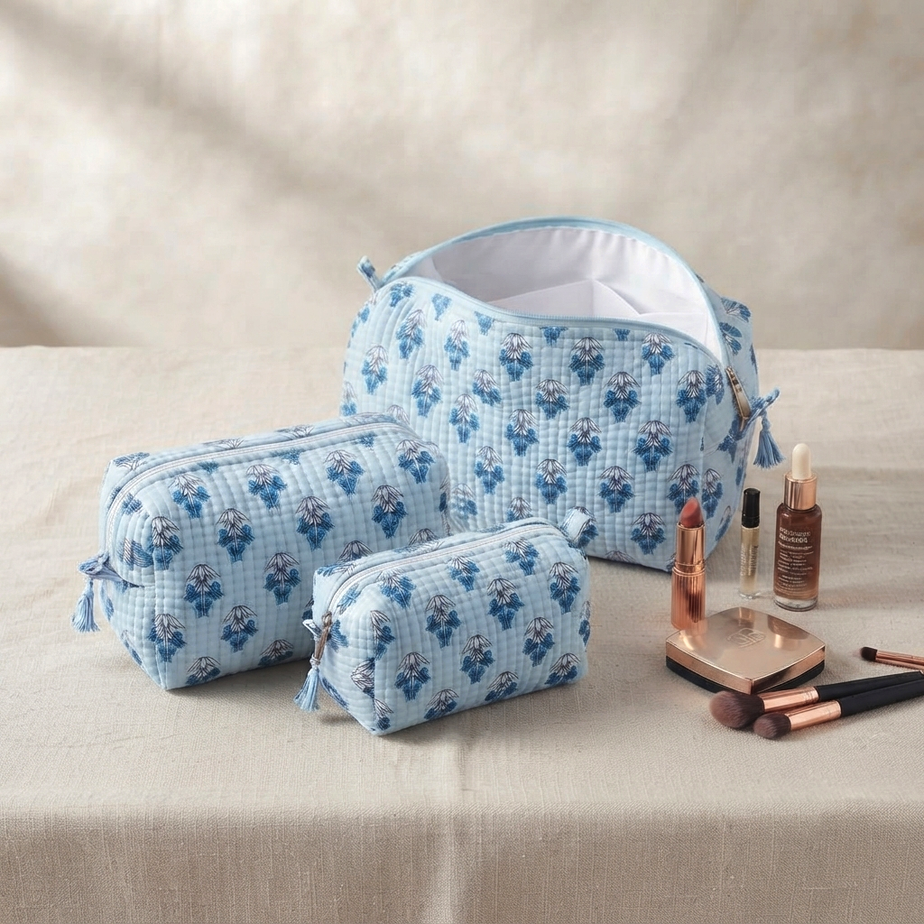Set Of 3 Makeup Bag, Azure Floral Block Print Cotton Travel Case, Quilted Cosmetic Storage Bag Set