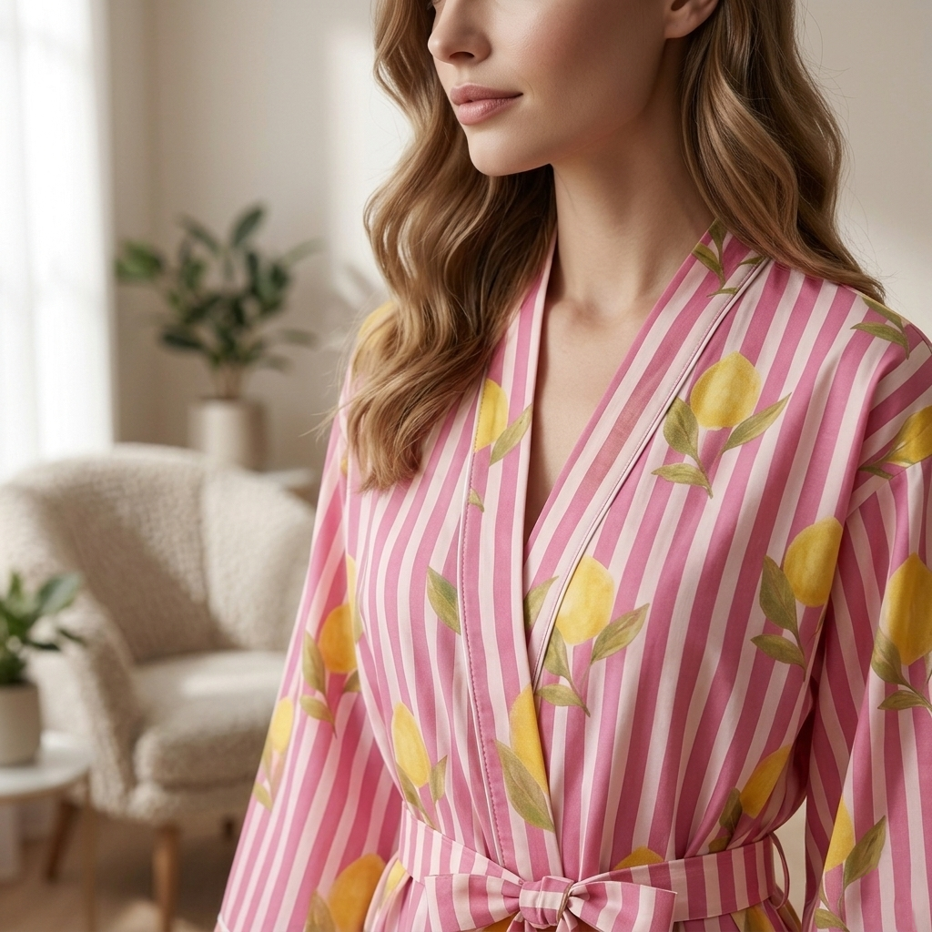 Pink & Light Pink Striped Cotton Kimono | Citrus Lemon Print Block Lounge Robe & Sleepwear