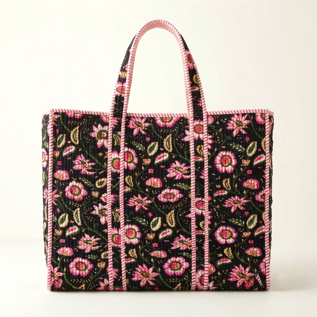 Handmade Black Pink Floral Block Print Quilted Cotton Tote Bag, Indian Boho Shoulder Bag, Botanical Travel Shopping Beach Bag