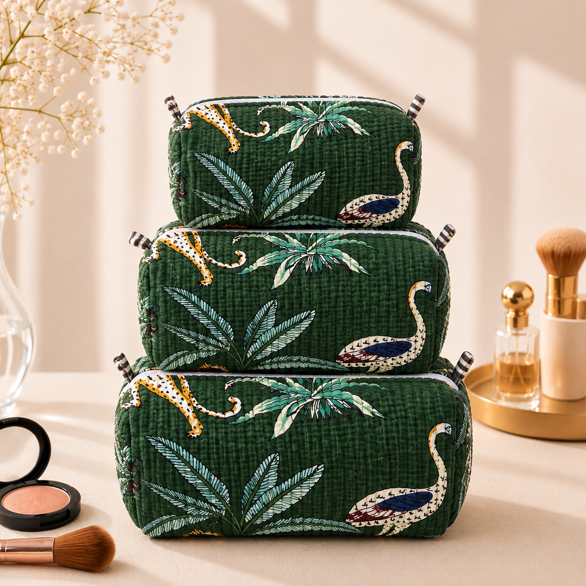 Set Of 3 Makeup Bag, Jungle Swan Tropical Block Print Cotton Travel Case, Quilted Cosmetic Storage Bag Set
