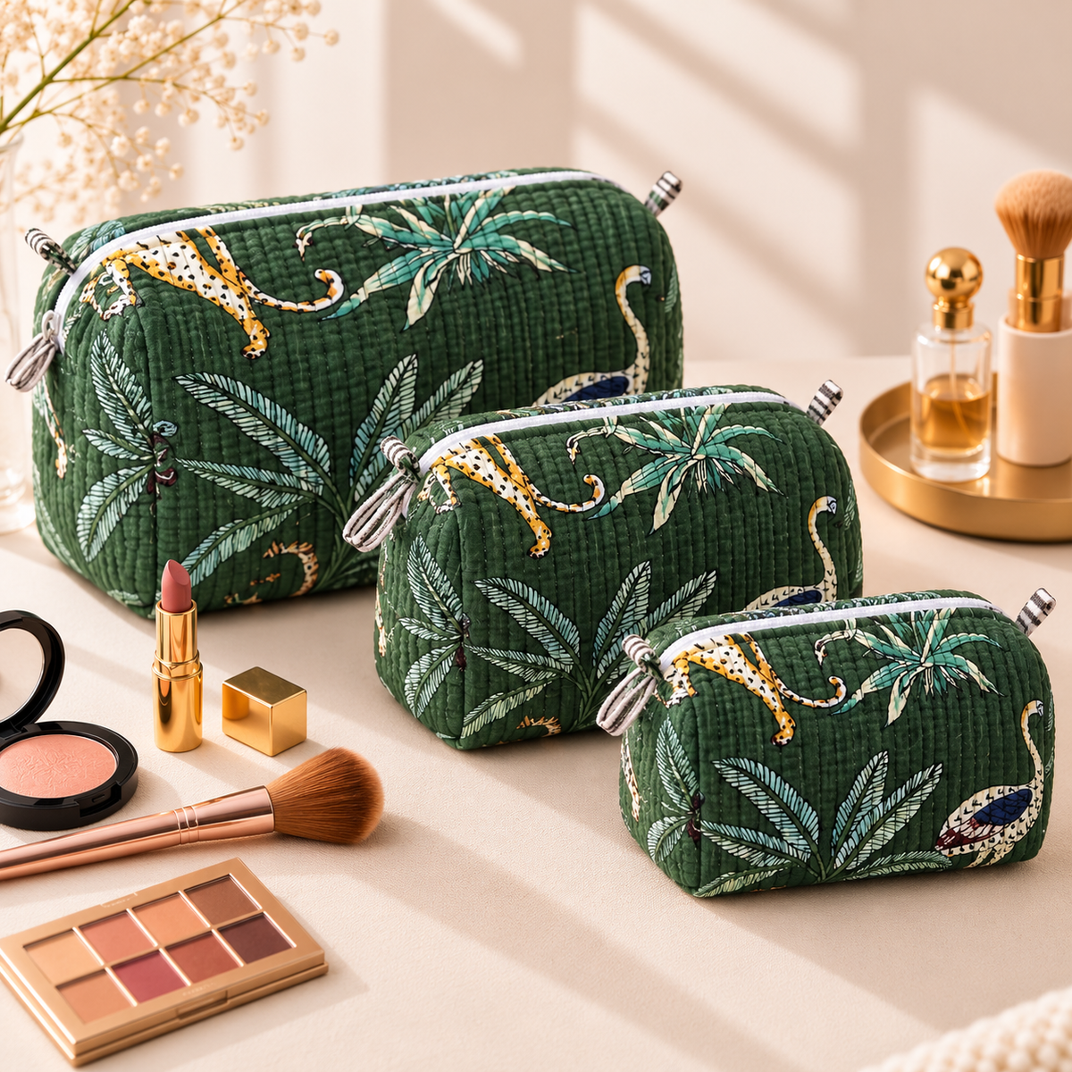 Set Of 3 Makeup Bag, Jungle Swan Tropical Block Print Cotton Travel Case, Quilted Cosmetic Storage Bag Set