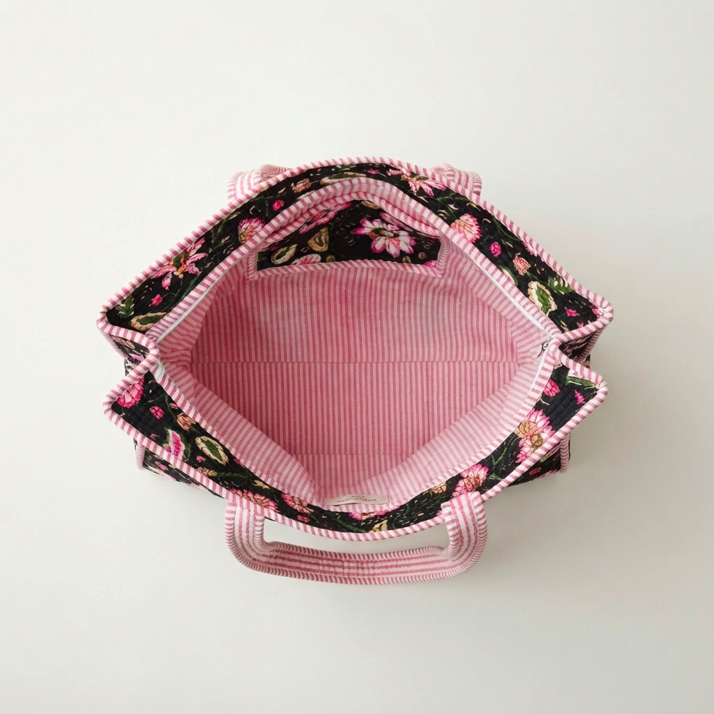 Handmade Black Pink Floral Block Print Quilted Cotton Tote Bag, Indian Boho Shoulder Bag, Botanical Travel Shopping Beach Bag