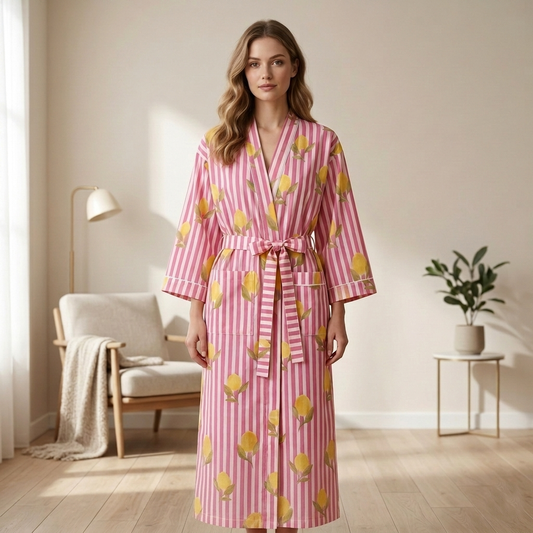 Pink & Light Pink Striped Cotton Kimono | Citrus Lemon Print Block Lounge Robe & Sleepwear