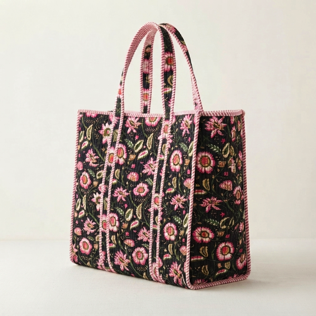 Handmade Black Pink Floral Block Print Quilted Cotton Tote Bag, Indian Boho Shoulder Bag, Botanical Travel Shopping Beach Bag
