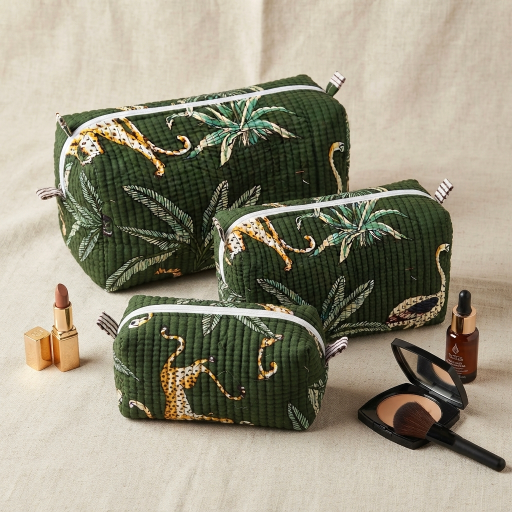 Set Of 3 Makeup Bag, Jungle Swan Tropical Block Print Cotton Travel Case, Quilted Cosmetic Storage Bag Set